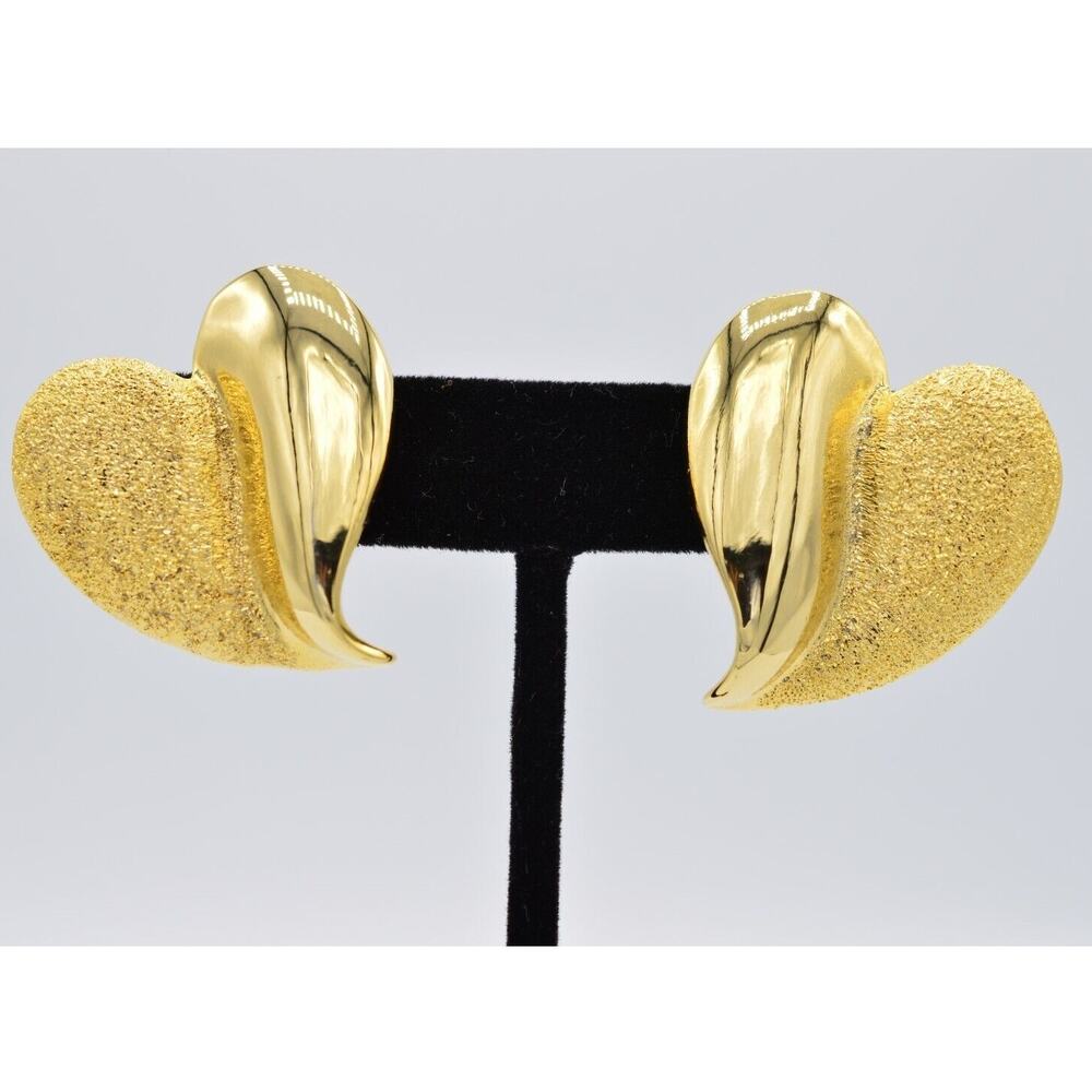 Vintage Heart Earrings Brushed Gold Metallic Textured Chunky NOS 1980s BinAA